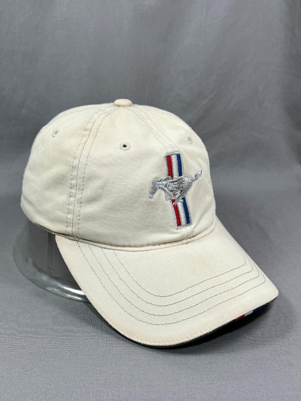 Ford Mustang H3 Strapback Hat Cream Adjustable Horse Pony Motorsports Dad Mens